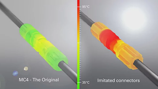 Porównanie oryginalnego złącza MC4 oraz jego imitacji – termowizja.