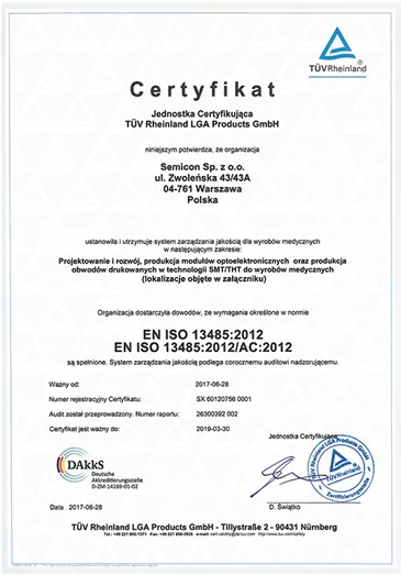 certyfikat potwierdzający zgodność z normami EN ISO 13485/2012 oraz EN ISO 13485:2012/AC:2012 od TUV dla Semicon