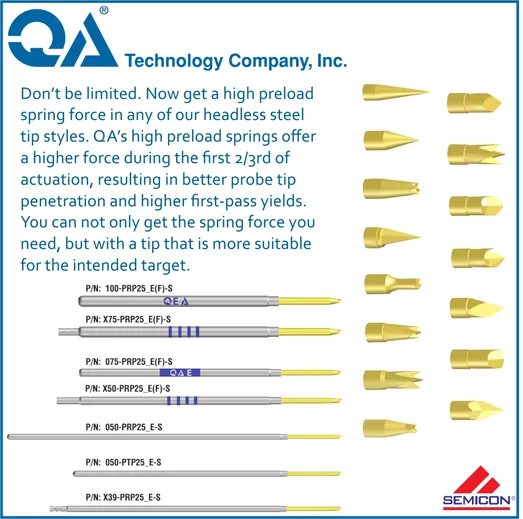Firma QA Technology wprowadziła opcję „preload spring force” dla serii igieł z rastrem 75 oraz 100 mils