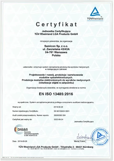 Certyfikat dla Semicon, który ponownie spełnia wymagania normy medycznej ISO 13485:2016 od TUV Rheinland LGA Products GmbH