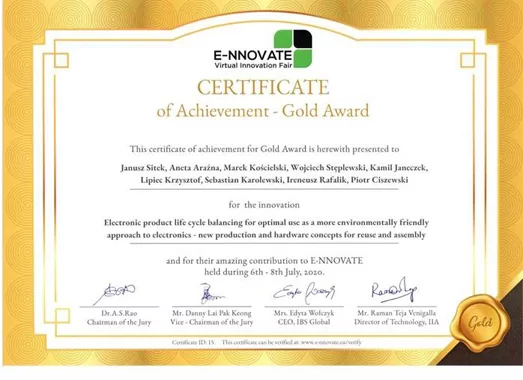 certyfikat dla pracowników ITR z udziałem Semicon za zdobycie złotego medalu na targach E-NNOVATE 2020 
