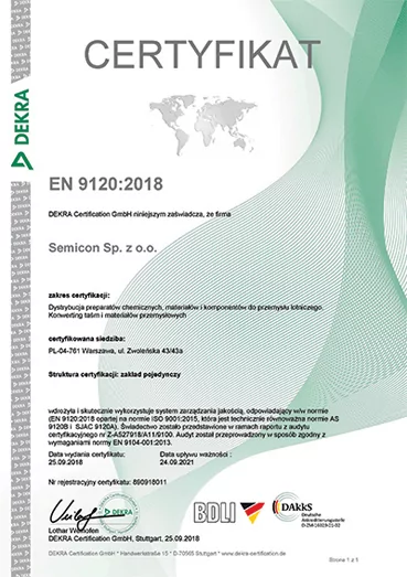 Certyfikat DEKRA potwierdzający spełnianie wymagań zawartych w normie AS 9120 rev.B – Systemu zarządzania jakością wymagania w zakresie lotnictwa przestrzeni powietrznej i obrony