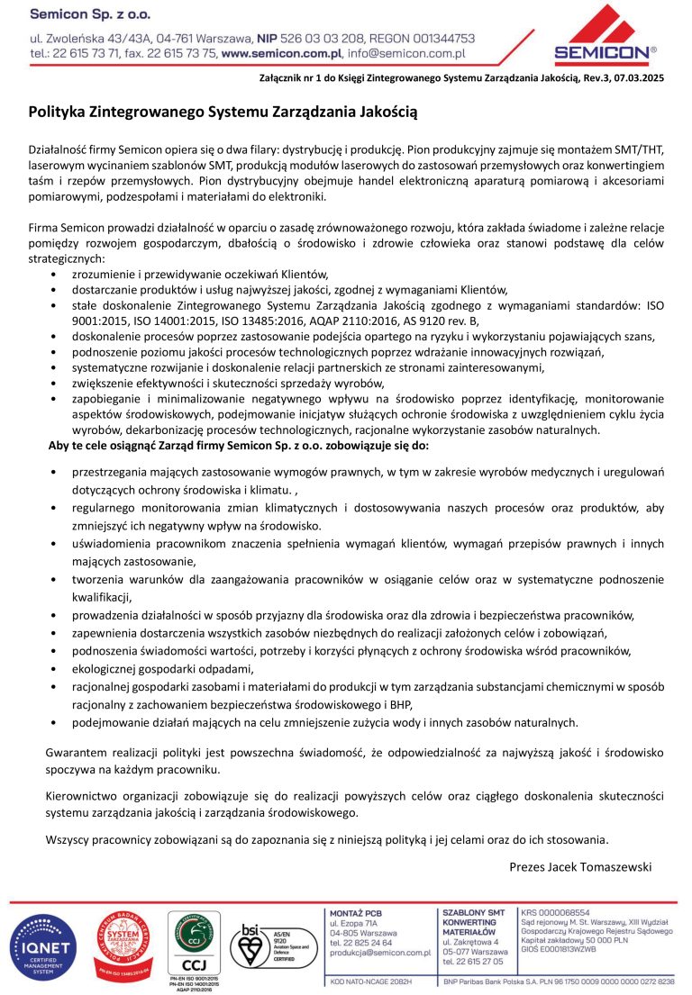 Polityka zintegrowanego systemu zardządzania jakością Semicon Sp. z o.o.